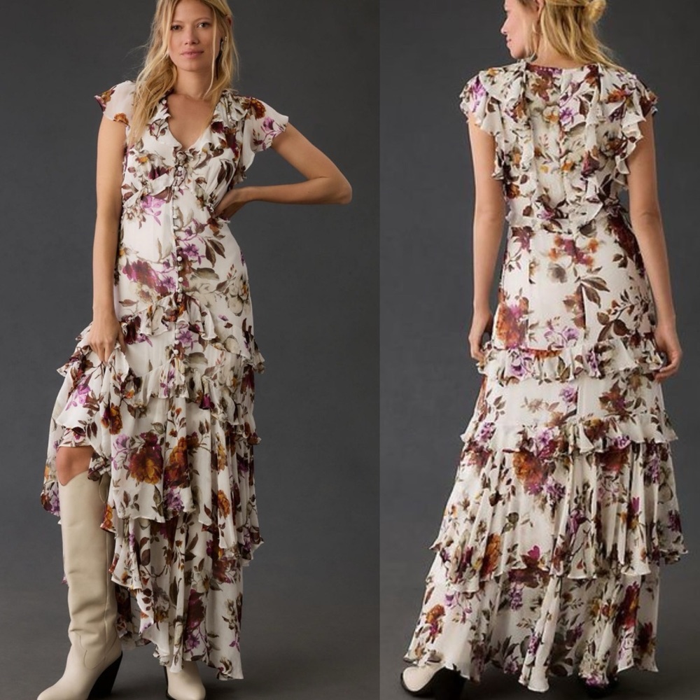 Anthropologie V-Neck Tiered Ruffle Dress - Picture 1 of 8